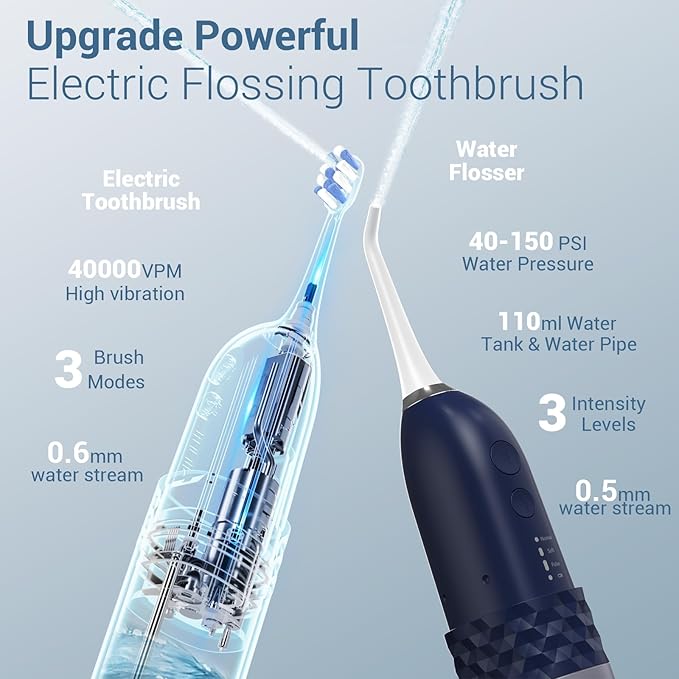 Marchpower Upgraded 2-in-1 Electric Toothbrush with Water Flosser, Ultrasonic Cleaning & 3+4 Smart Modes, Portable Oral Irrigator with Point-Jet, Rechargeable IPX7 Waterproof for Home & Travel Use