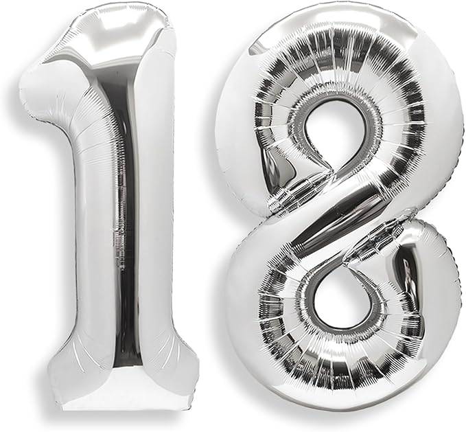AULE 40 Inch Jumbo Silver Foil Mylar Number Balloons for Boy Girl 18th Birthday Party Decorations 18 Years Old Anniversary Party Supplies