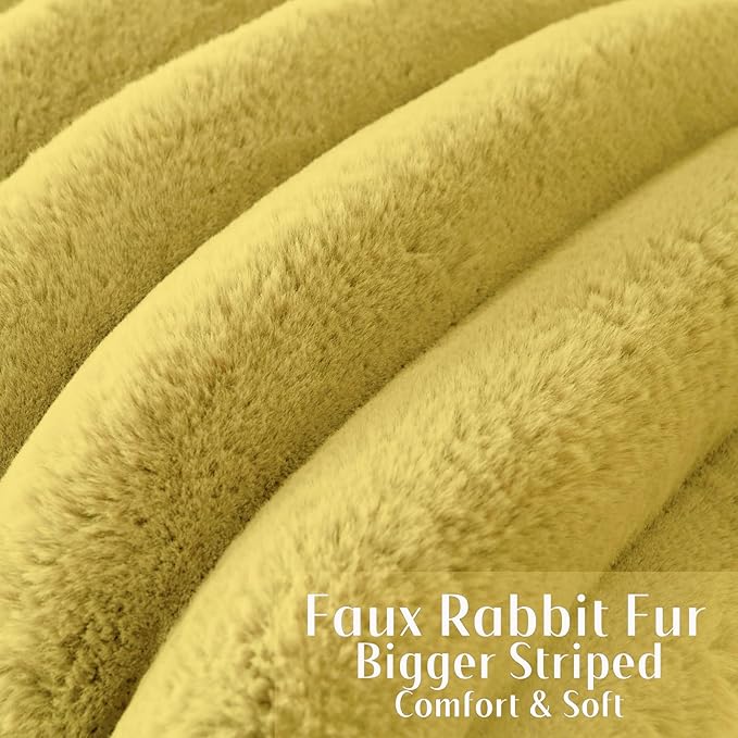 FUTEI Mustard Yellow Decorative Throw Pillow Covers 16x16 Inch Set of 2, Square Soft Faux Rabbit Fur Big Striped Cushion Cover,Home Decor for Couch Sofa Bed Living Room