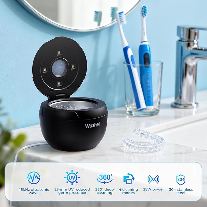 Ultrasonic Retainer Cleaner Machine, 45kHz Dental Cleaning Pod for Denture, Mouth Guard, Night Guard, Aligner, Braces, Toothbrush, 200ML Denture Cleaner with Digital Timer & 4 Modes, Black