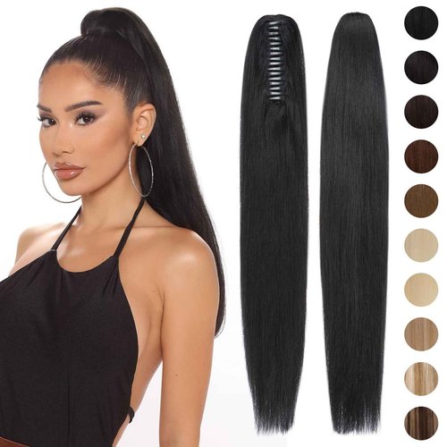 S-noilite Claw Clip Ponytail Extension Human Hair #1 Jet Black Real Remy Human Hair Ponytail Extension 16inch Long Straight Hair Pony Tails Hair Extensions For Women 105Grams