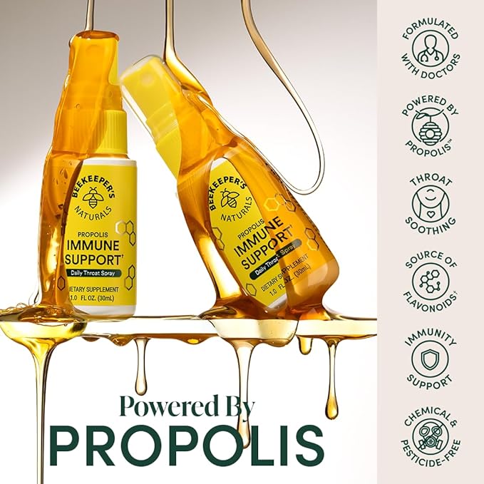 Propolis Throat Spray by Beekeeper's Naturals - 95% Bee Propolis Extract, Natural Immune Support & Sore Throat Relief - Antioxidants, Keto, Paleo, Gluten-Free (1.0 oz)(Pack of 1)