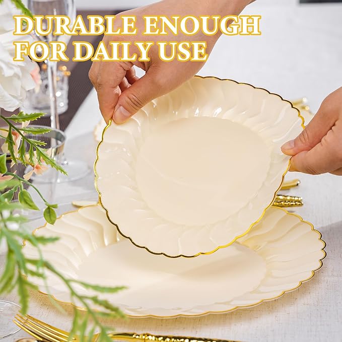 Lullaby 60PCS Light Yellow Scalloped Plastic Plates, Disposable Elegant Plates Include 30pcs Dinner Plate 10.25", 30pcs Plastic Dessert Plate 7.5", Perfect for Wedding and Party