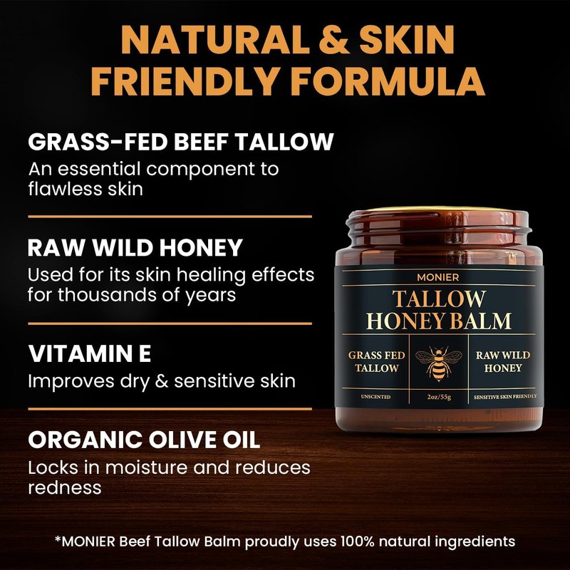 MONIER Tallow and Honey Balm for Face, Beef Tallow for Skin, Moisturizer with 100% Organic Grass-Fed Beef Tallow & Raw Wild Honey - Natural Formula for Dry & Sensitive Skin (Unscented - 2 Pack)