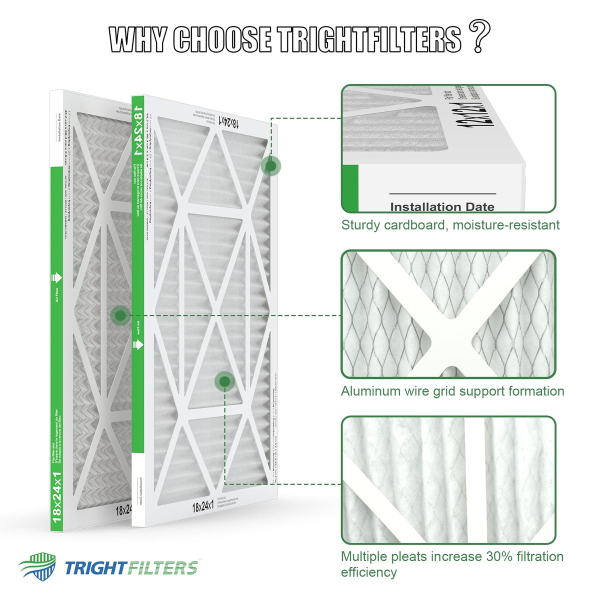 TRIGHTFILTERS 18x24x1 Air Filter 4 Pack, MERV 8 Pleated Dust Defense Air Filters Replacement for Air Conditioner & Furnace, Durable & Lightweight