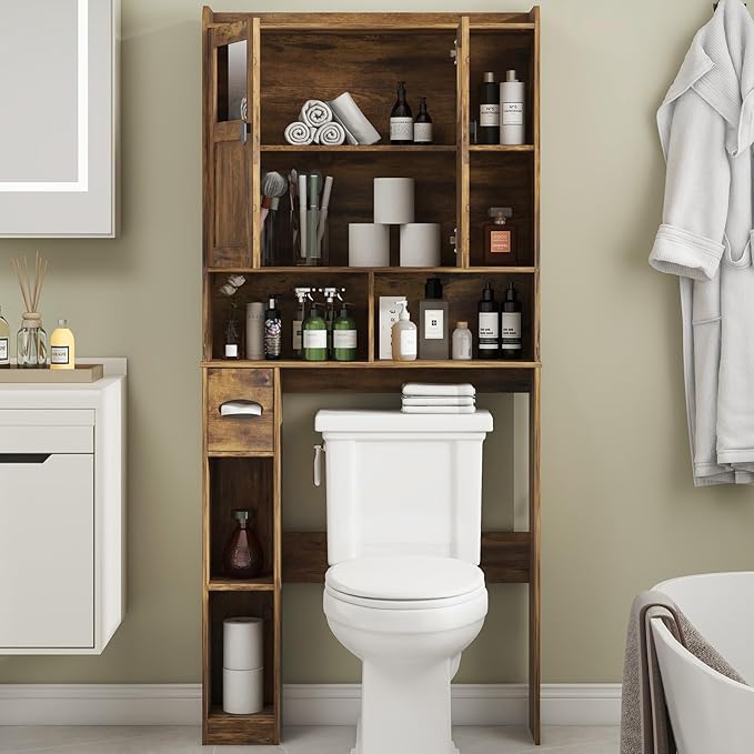 Vabches Over The Toilet Storage Cabinet, Bathroom Shelf Over Toilet with Glass Doors and Adjustable Shelves, Brown Freestanding Home Space Save Toilet Rack, for Restroom, Bathroom, Laundry