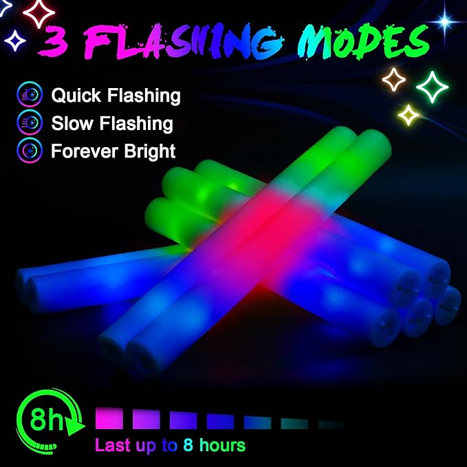 230 LED Foam Glow Sticks, Bulk Glow Sticks, Foam Light Up Sticks Bulk, LED Foam Sticks with 3 Colorful Flash Mode,Glow Party Supply for Wedding, Birthday, Concert, Carnival, Sporting Events