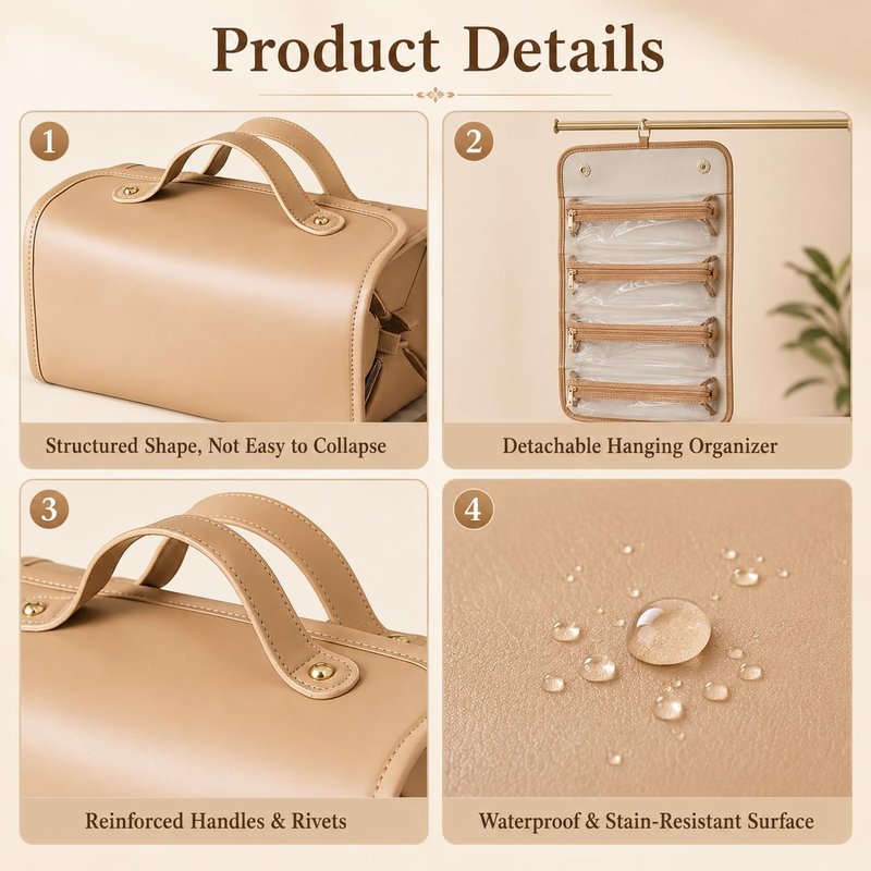 LuyaVogue Large Expandable Makeup Bag, 4-in-1 Waterproof Makeup bag, Cosmetic Bag with Detachable Interior Pockets, Ideal for Women Travel Essentials(Brown)