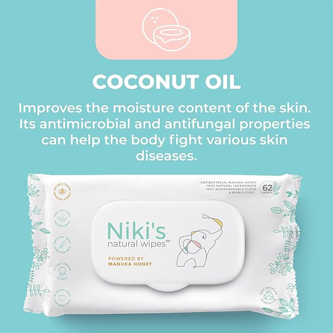 Niki's Natural Baby Wipes | Sensitive Organic Baby Wipes | Made with Manuka Honey and Coconut Oil, No Added Scents | EWG Verified | 248 Wipes (4 Pack x 62 Count Wipes)