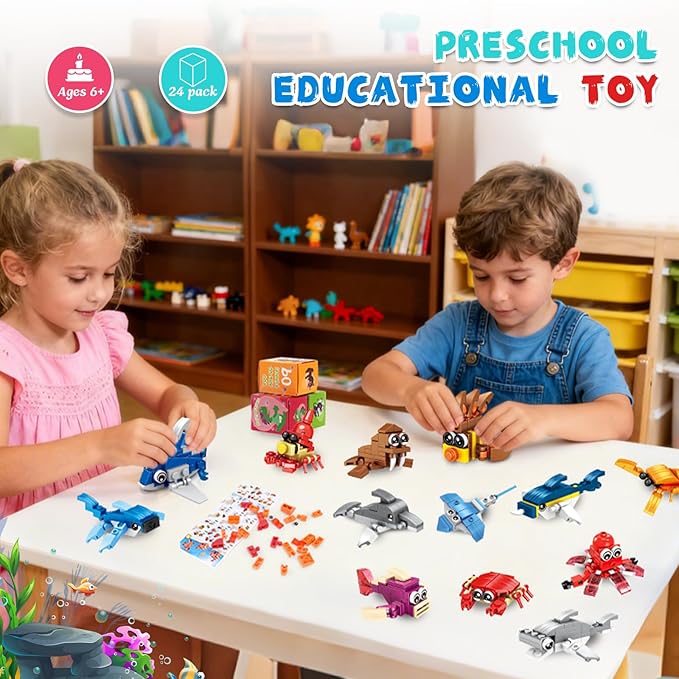 24-piece Valentine's Day Gift Set, Ocean Life Building Blocks, Suitable for Boys and Girls - Valentine's Day Party Gifts, Classroom Exchange Gifts, School Reward Items