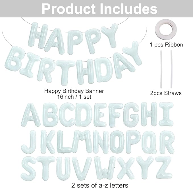 TONIFUL 65 Pcs 16 Inch White Happy Birthday Balloons and 2 Sets A-Z Foil Letters Balloons DIY Personalized Phrase Banner for Birthday Celebration Halloween Thanksgiving Christmas Party Decorations