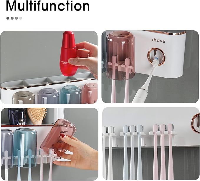 iHave Toothbrush Holders Bathroom Accessories with Toothpaste Dispenser, 4 Cups Toothbrush Holder Wall Mounted Bathroom Decor