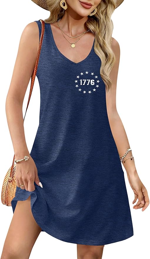 LHBNK 4th of July Dress for Women: American Flag Tank Dresses Star Striped Splicing Loose V Neck Sundresses
