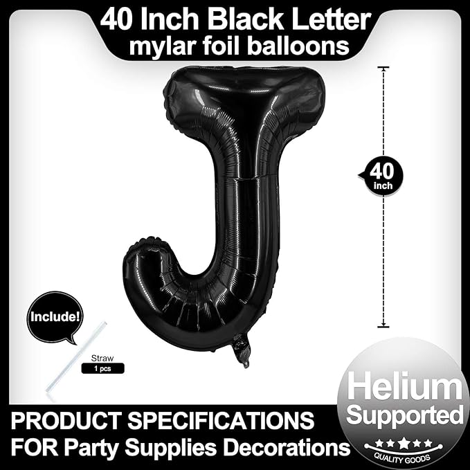 40 Inch Black Letter J Balloons, DIY Phrase Foil Alphabet Letter J Balloons DIY Word J Banner for Birthday Anniversary Celebration Graduation Party Supplies Decoration