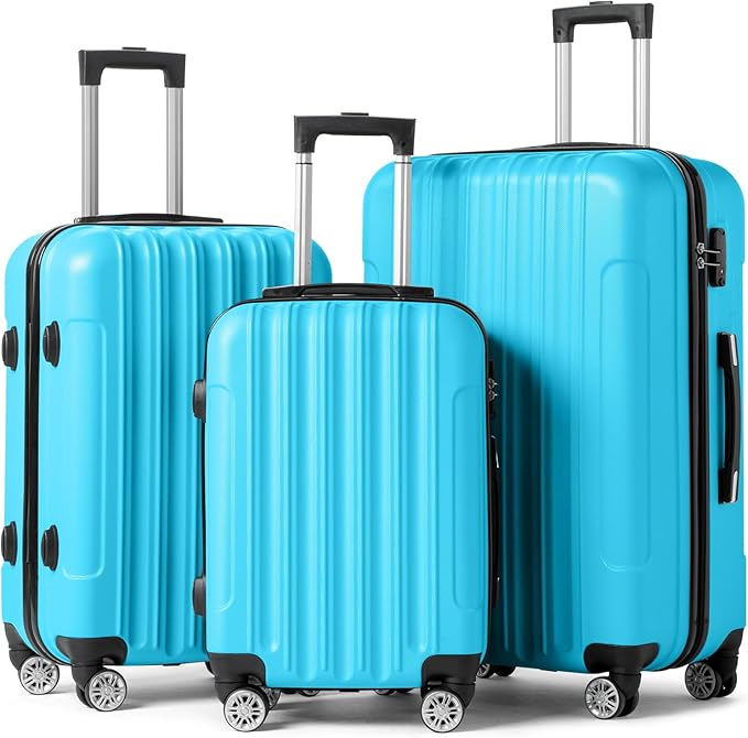 Karl home Luggage Set of 3 Hardside Carry on Suitcase Sets with Spinner Wheels & TSA lock, Portable Lightweight ABS Luggages for Travel, Business - Blue (20/24/28)
