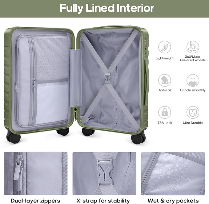 Luggage Sets 3 Piece, Carry On Luggage 20In With Spinner Wheels,PC Hardside Suitcase Set with TSA Lock,Durable Carry On Suitcase With Travel Backpack for Men (Military Green, 3 piece set (BP/20inch))