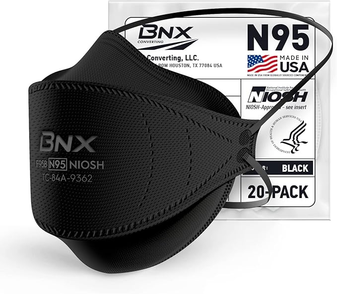 BNX N95 Mask NIOSH Certified MADE IN USA Face Mask, Tri-Fold Cup/Fish Style, 10,20,50-Pack - Black, White (Model F95B,F95W)