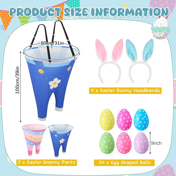 2 Sets Easter Granny Pants Outdoor Games, Giant Granny Cute Pants with Egg Balls & Bunny Ear Headbands, Funny Spring Yard Tossing Game for Adults Family Party Gathering (Cute Style)