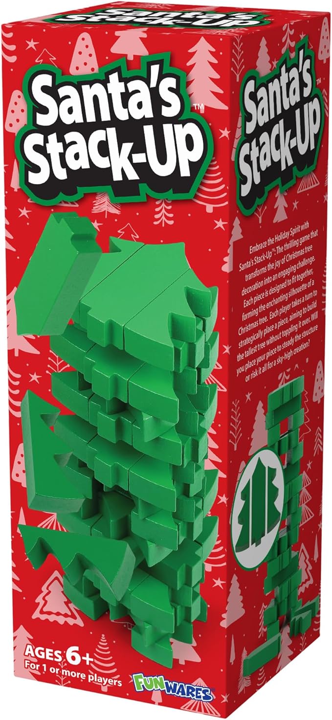 Funwares Christmas Tree Stack-Up, Wooden Blocks Stacking Game, Tumbling Tower, Family & Party Fun, Kids and Adults, Holiday Decoration, Ages 6+