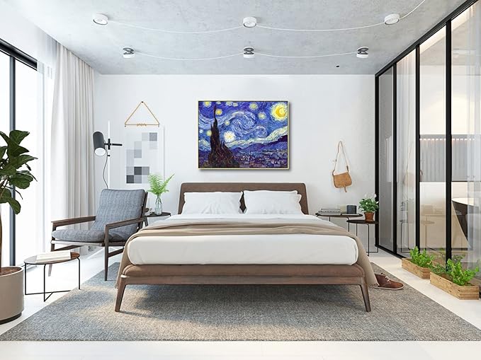 Wieco Art Large Framed Art Giclee Canvas Prints of Starry Night by Vincent Van Gogh Paintings Reproduction Post-Impressionism Artwork for Living Room Home Bedroom Decorations, 40x30inch (Framed)