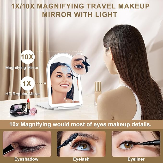 Mocado Travel Makeup Mirror with Light, 1x/10x Magnifying Mirror with Light, 3 Colors Lighted Magnifying Mirror, 2000mAh Rechargeable Lighted Makeup Mirror, Memory Function (Arched-White)