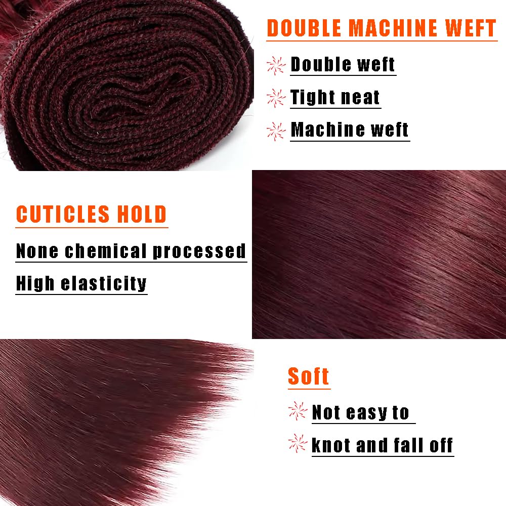 Straight Human Hair Bundles 14 16 18 Inch #99J Burgundy Bundles Human Hair Wine Red 12A Unprocessed Native Virgin Hair 50G Per Bundle 3 Extensions Wet and Wavy Weave for Women
