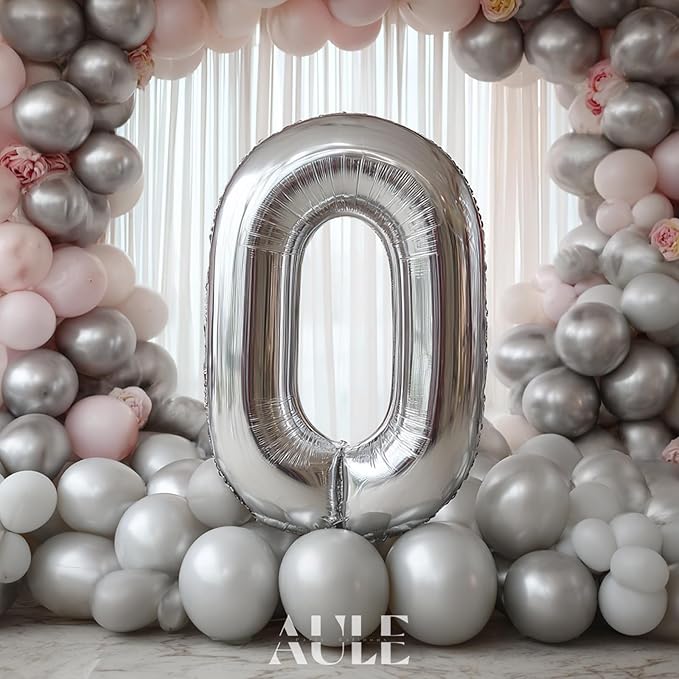 AULE 40 Inch Big Silver 0 Balloon Number Large Foil Helium Number Balloons 0-9 Jumbo Giant Happy 0th Birthday Party Decorations for Boy or Girl Huge Mylar Anniversary Party Supplies