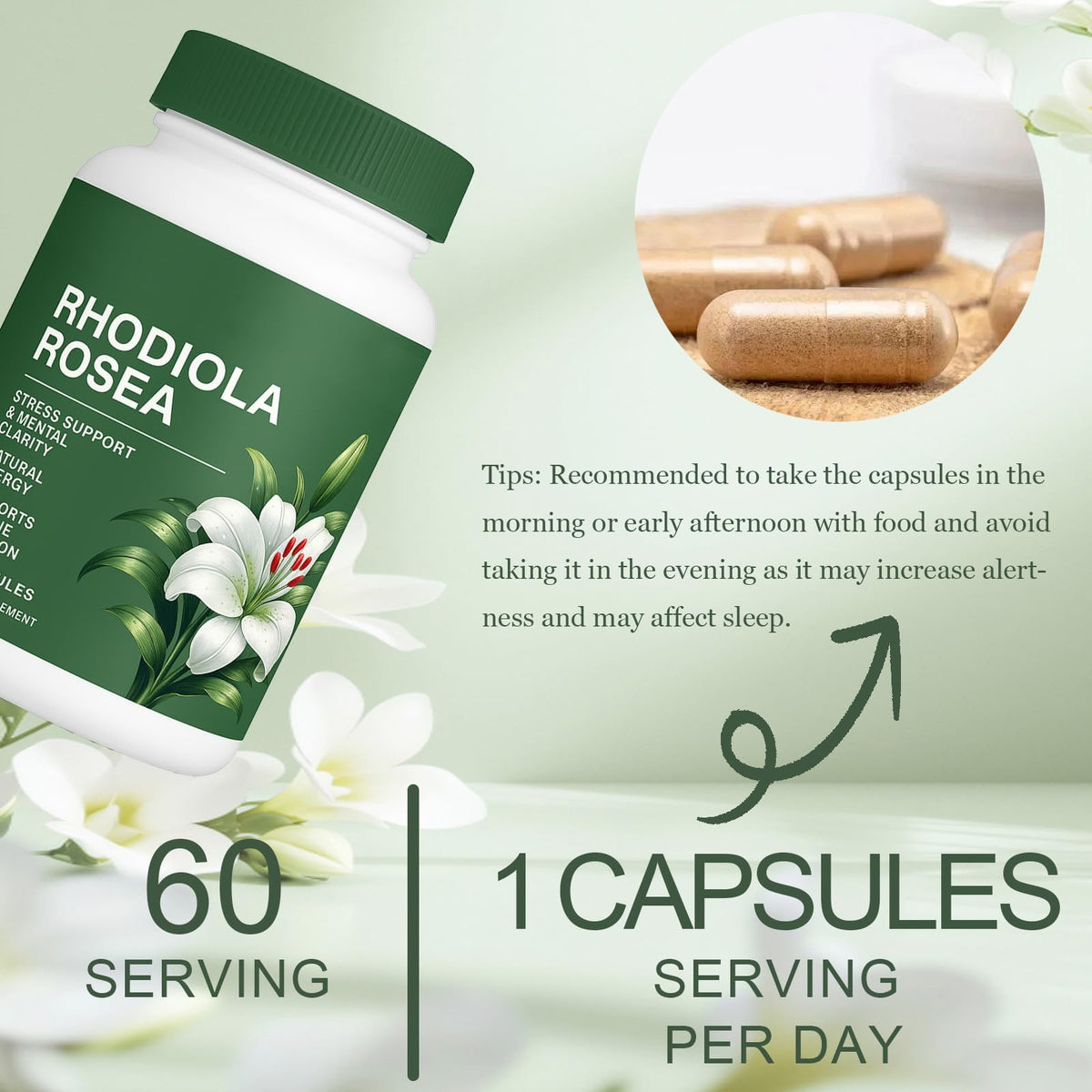 Floraviva Rhodiola Rosea Capsules | 500mg Rhodiola Rosea Extract Supplement for Stress Support, Mental Focus & Energy, Immune Function, Non-GMO, 60 Capsules