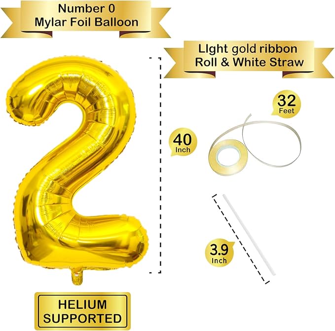 Gold Number Balloons Birthday Balloons - Giant Gold Number 2 Balloon 40 inch, Numbers Balloon Birthday Decorations, Gold Party Supplies for Women Men