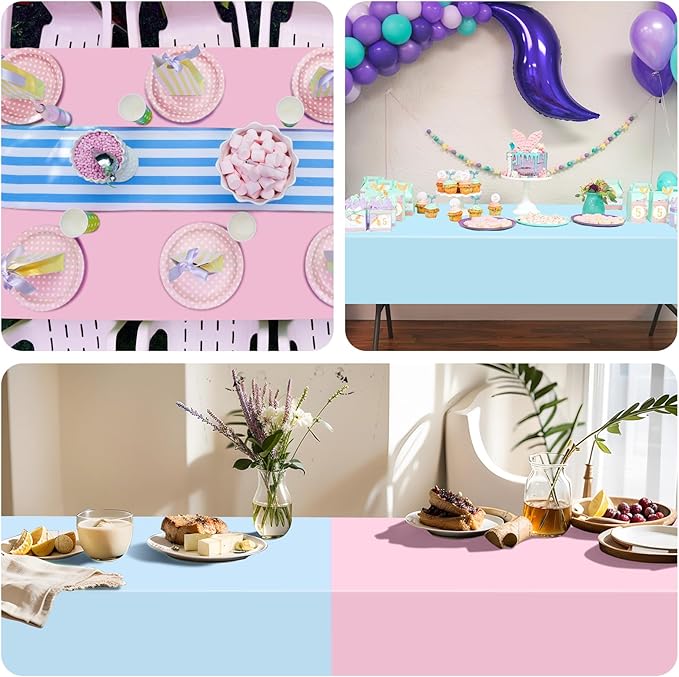 mwellewm 6 Packs Gender Reveal Table Cloths, Disposable Plastic Pink and Blue Tablecloth Rectangle Pastel Table Covers Decoration for Boy or Girl Baby Shower Birthday Party Unicorn Princess Ice Cream