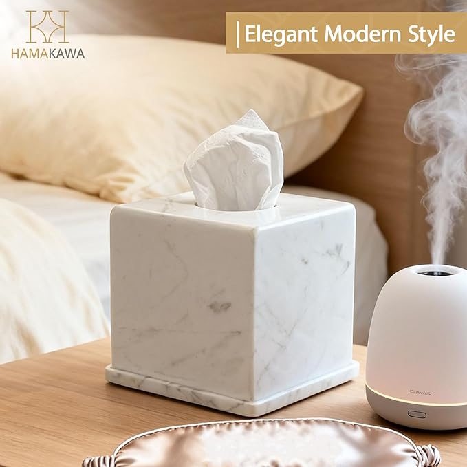 Natural Marble Tissue Box Cover, Volakas White Tissue Organizer 6 x 6 x 5.7 inch, Heavy Stone Decorative Box, Square Tissue Box Holder for Home Decor, Kitchen, Bathroom, Bedroom