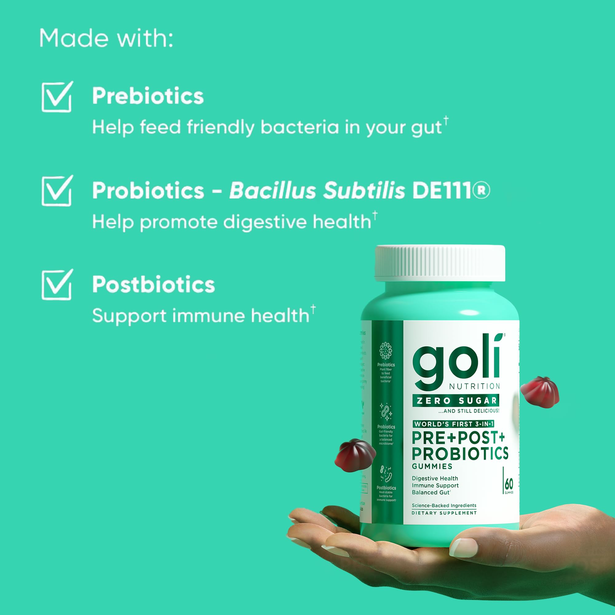 Goli Zero Sugar Pre Pro Postbiotic Gummies - (5 Pack, 300 Total) Worlds First 3-in-1 with DE111, XOS, MCC1849 - No Sugar Alcohols - Vegan, Keto-Friendly, Non-GMO