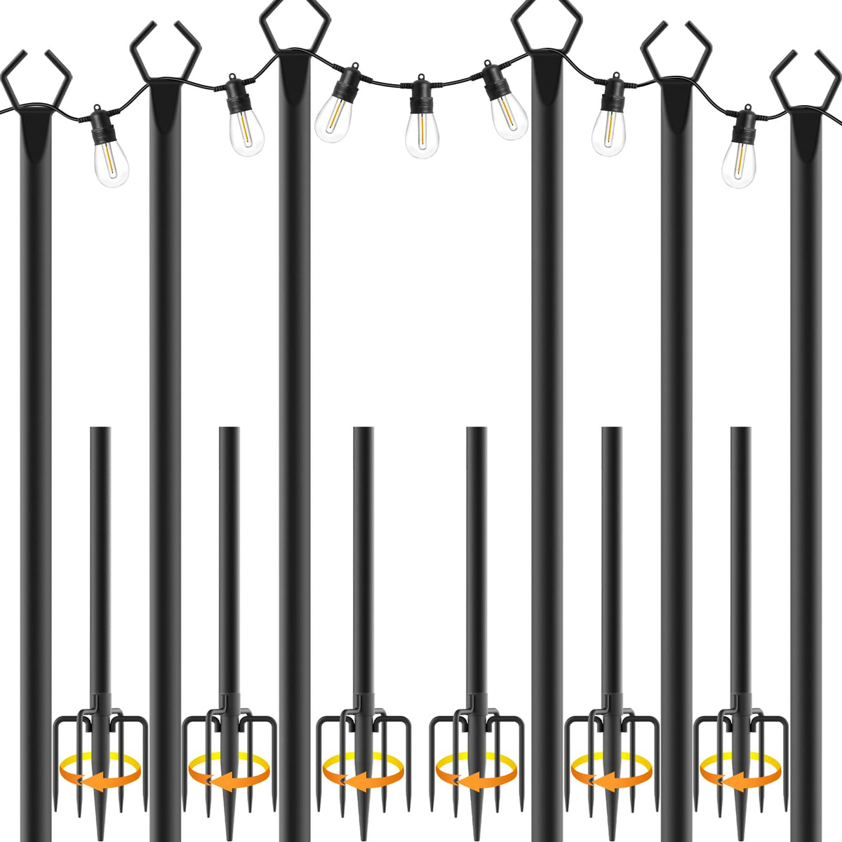 NSHWFW 6 Pack 10 ft Heavy Duty Metal String Light Poles Adjustable Outdoor Lighting Stand for Patio,Backyard,Garden,Party & Wedding Rustproof & Sturdy with Hooks