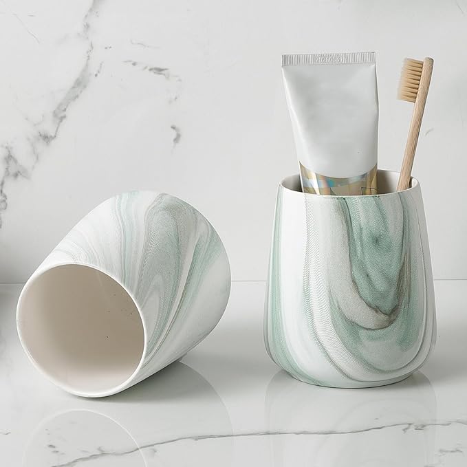 2Pcs Toothbrush Holder for Bathroom - Marble Green Ceramic Tooth Brushing Holders Set, Toothbrush Cup & Toothpaste Organizer for Bathroom Countertop, Makeup Brush Holder, Pen Holder for Home Storage