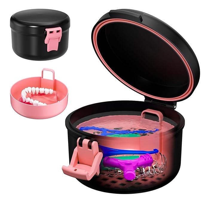 Leak Proof Denture Case, Travel Denture Bath Cup for Soaking Dentures & Retainer, Retainer Cleaner Case, Round False Teeth Container, Black+Pink.