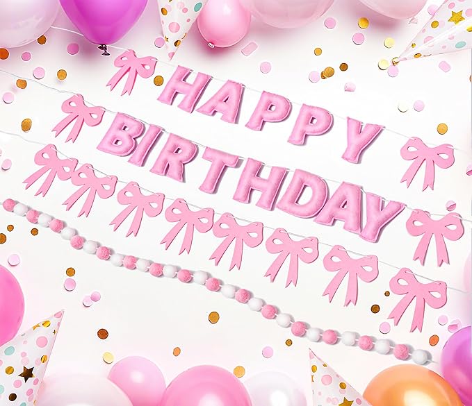 Pre-Strung Pink Bow Birthday Decorations, Reusable Coquette Party Decorations with Wool Felt Happy Birthday Banner, Bow and Felt Ball Garland for Girls Women Baby Shower Pink Bow Theme Decor