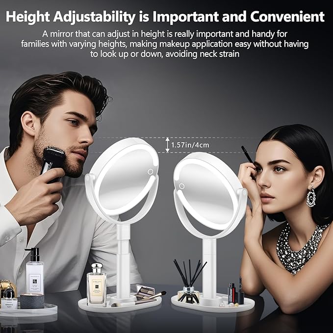 MIYADIVA Makeup Mirror with Lights, 30X Magnifying Mirror with Light and Touch Switch, Vanity Mirror with 3 Color Light and 80 LEDs, Height Adjustable Desk Mirror with Lights, White