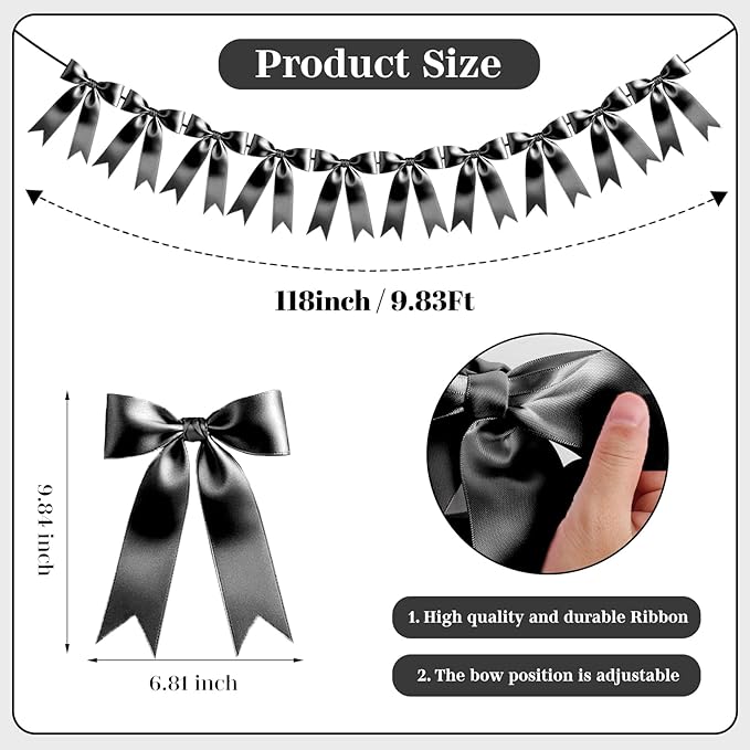 Black Bow Garland Bow Banner Bow Party Decorations Pre-Strung Large Coquette Satin Ribbon for Birthday Bachelorette Party Bridal Shower Wedding Engagement Baby Shower