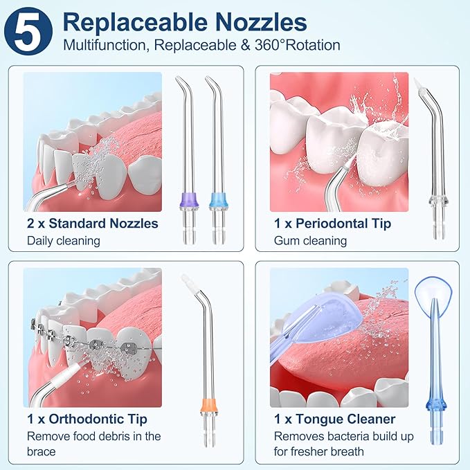 Dental Flosser with 5 Modes, Cordless Travel Dental Flosser, Rechargable, Long Lasting Battery, 300ml Water Tank, Travel Friendly. FDA Accepted.