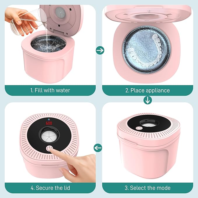 Ultrasonic Retainer Cleaner, Dental Cleaning Pod with U-V Lights, 45kHz Retainer Cleaner Machine for Dentures, Toothbrush Heads, Jewelry, Aligner, Night Mouth Guards (Pink)