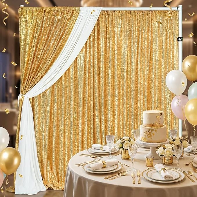 B-COOL Gold Sequin Backdrop Curtains 2 Packs 3.3ftx8ft Gold Sparkle Backdrop Fabric Glitter Background Drapes for Party Ceremony Wedding Birthday Decoration