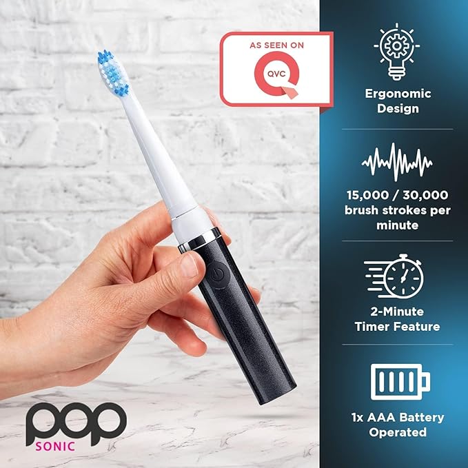 Pop Sonic Electric Toothbrush (Black + 8 Brush Heads) - Travel Toothbrushes w/AAA Battery | Kids Electric Toothbrushes with 2 Speed & 15,000-30,000 Strokes/Minute, Dupont Nylon Bristles