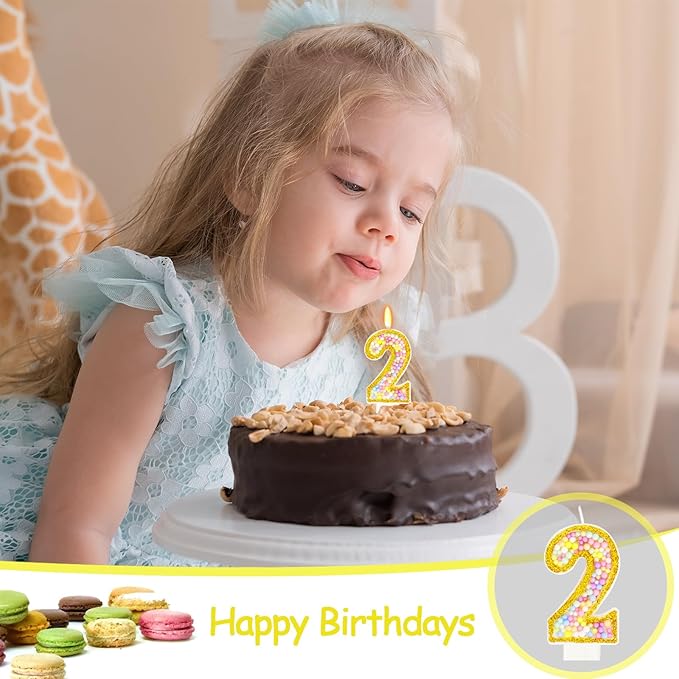 2nd Birthday Candle for Cake, Colorful Macaron Numeral Candles for Boys/Girls, Birthday Party Cake Decorations, Golden Cake Topper for Birthday Party Supplies (Number 2)
