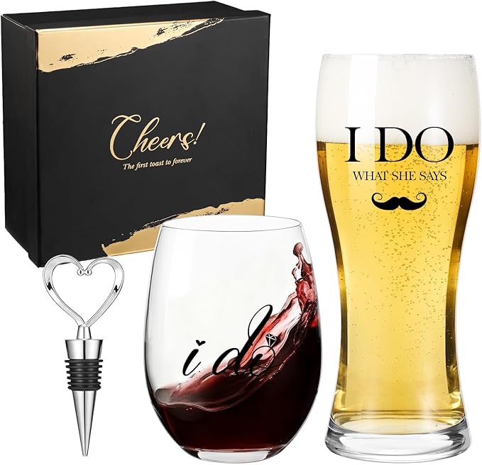AW BRIDAL Wedding Gifts for Couples 2026, Mr and Mrs Wine Glasses and Beer Mug Set, Engagement Gift for the Couple, Bride and Groom Wedding Glasses with Wine Stopper, Bridal Shower Gifts for Bride