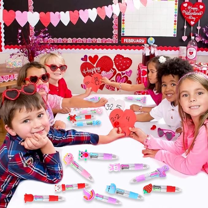 24PCS Valentines Fun Pens 0.7mm Cute Animal Multicolor Ballpoint Pens Retractable 4 Colors in One Valentines Stationery Party Favors School Supplies Students Rewards