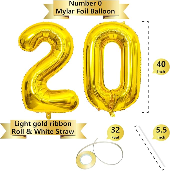 Gold Number Balloons Birthday Balloons - Giant Gold Number 20 Balloon 40 inch, Numbers Balloon 10th Birthday Decorations, Gold Party Supplies for Women Men