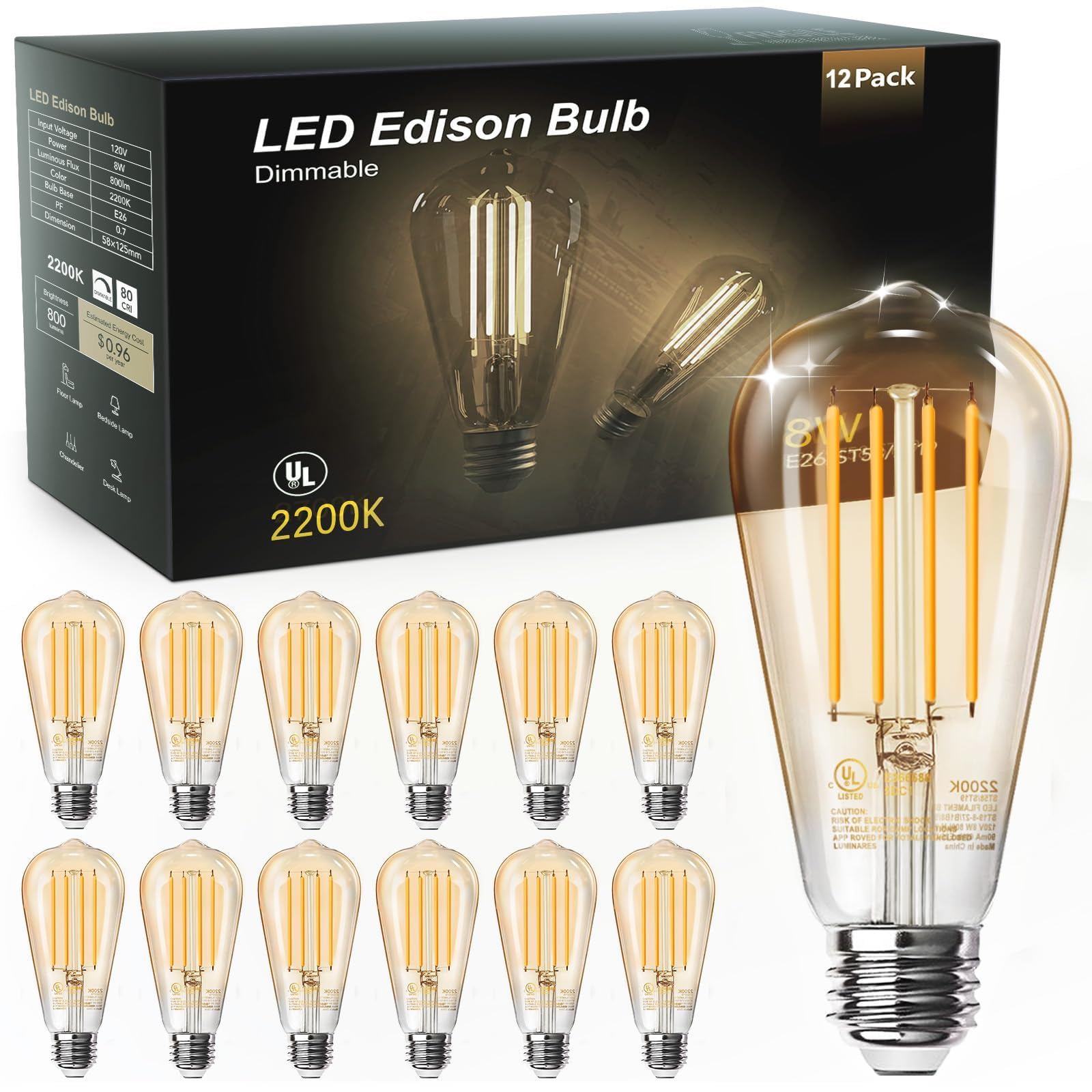 TJOY 12 Pack Vintage LED Edison Amber Light Bulbs, 60W Equivalent, Dimmable, 8W, 800 Lumens, 2200K Soft White, ST58, E26 Base LED Filament Bulbs, CRI80+, Antique Glass Style for Home, Bedroom