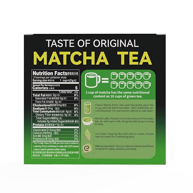 TIAN HU SHAN Matcha Green Tea Sticks, Portable Matcha Powder Unsweetened No Additives, Suger Free, Single Serve 20 Count