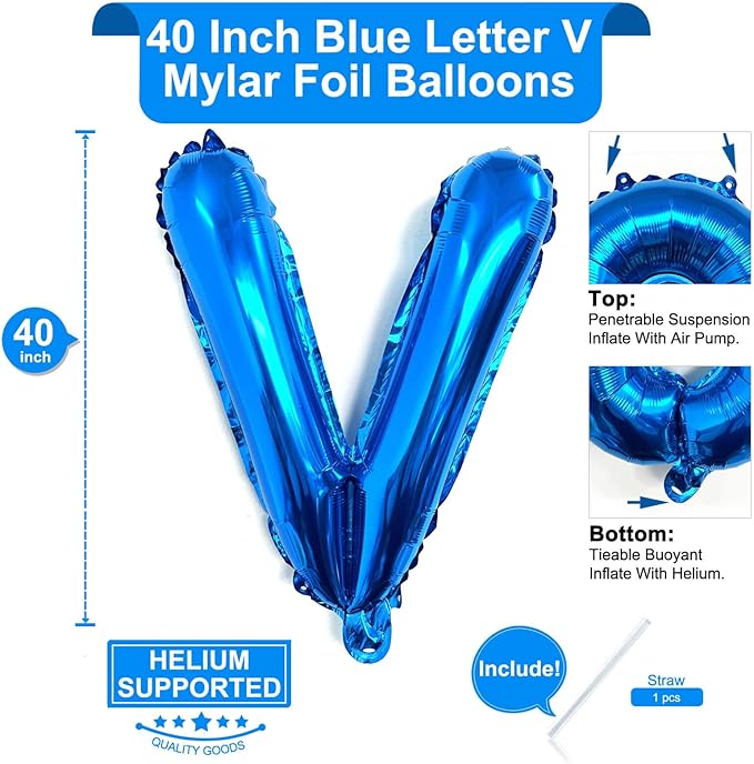 Lovoir 40 Inch Large Blue Letter V Balloons Big Size Jumbo Mylar Foil Helium Balloon for Birthday Party Celebration Decorations Alphabet Blue V