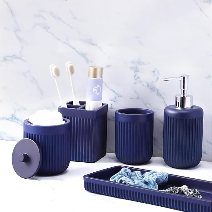 Resin Navy Blue Bathroom Accessories Set 5 Pcs, Lotion Soap Dispenser, Toothbrush Holder, Bathroom Tumbler, Qtip Holder and Vanity Tray, Bathroom Countertop Organizer Set for Modern Apartment